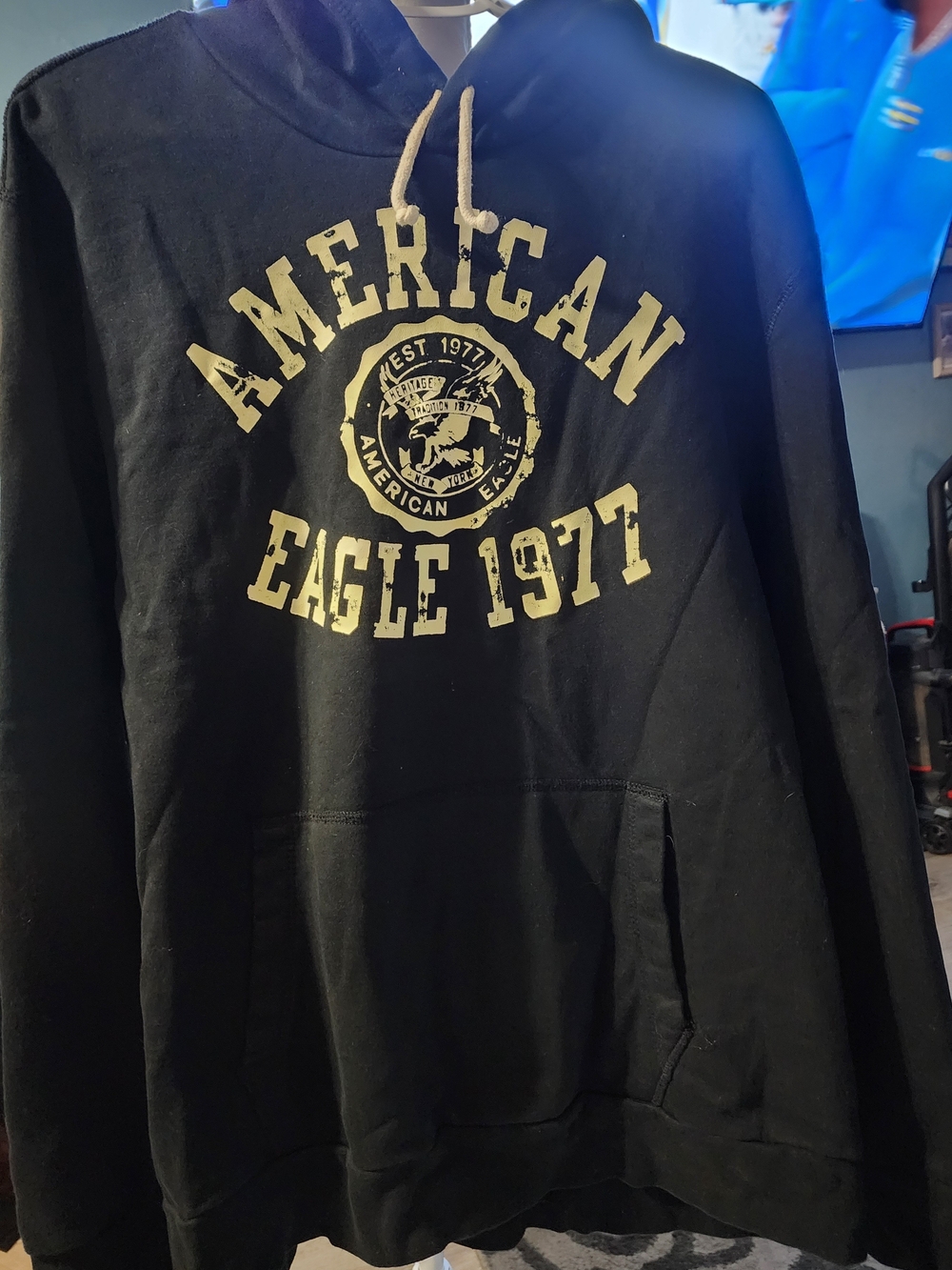 American Eagle Outfitters Black Graphic Hoodie with Cream Logo Sz XXL